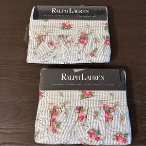 Ralph Lauren Emma Floral Twin Flat Sheet Blue Stripe Ruffle Cottagecore Chic NWT